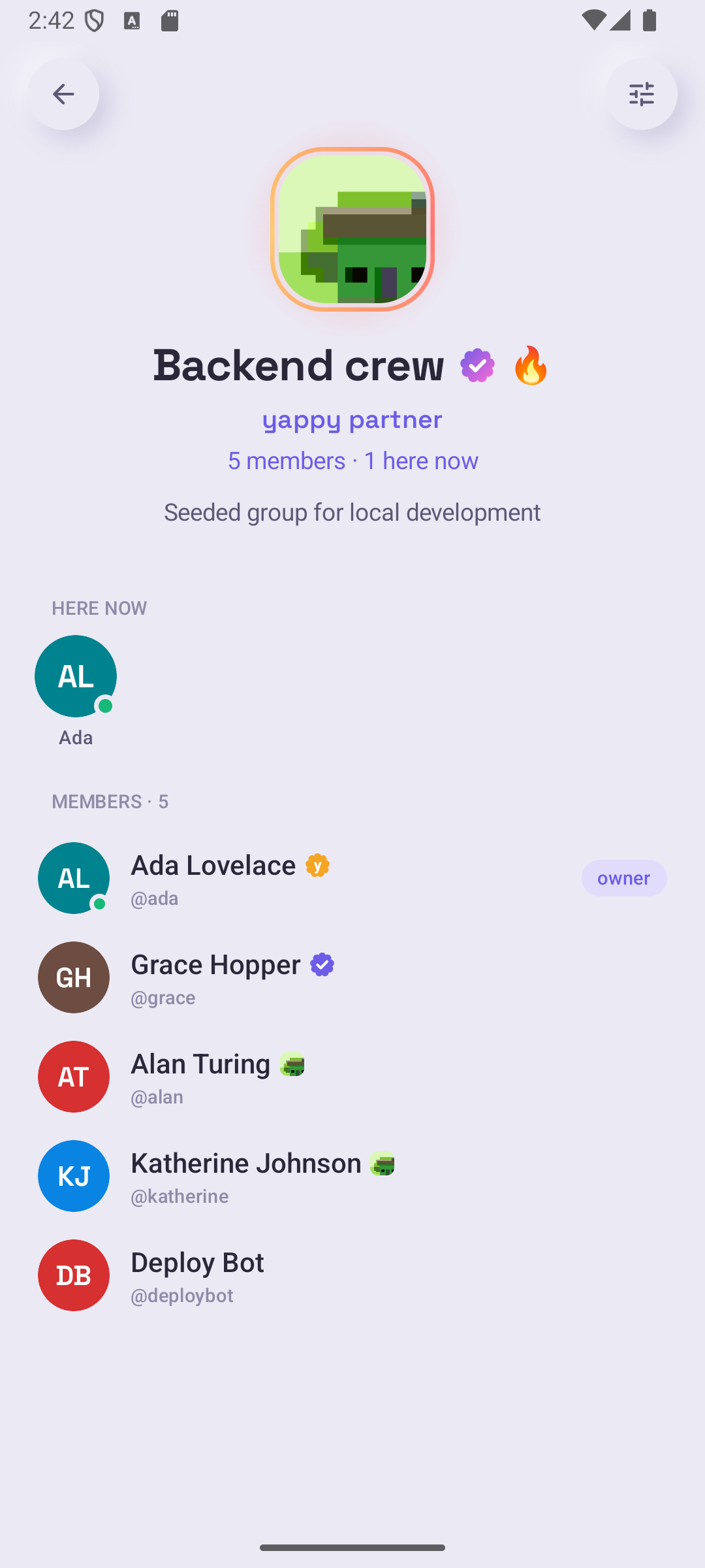 A group profile showing who is here now, plus members with badges and affiliations